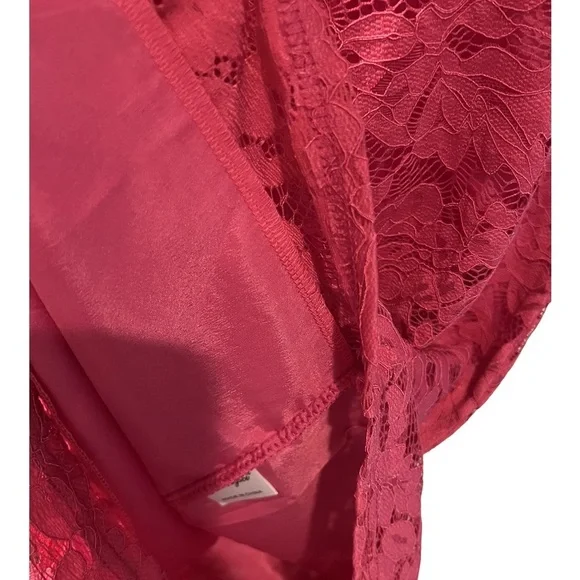 Belongsei Hot Pink Floral Lace 3/4 flare sleeves V neck dress NWOT - Picture 6 of 6